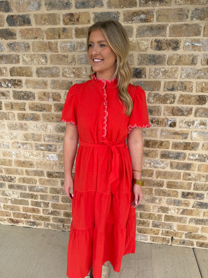 RED SCALLOPED RUFFLE MIDI DRESS