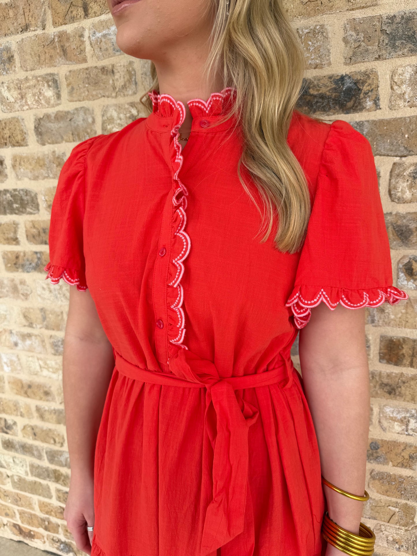 RED SCALLOPED RUFFLE MIDI DRESS