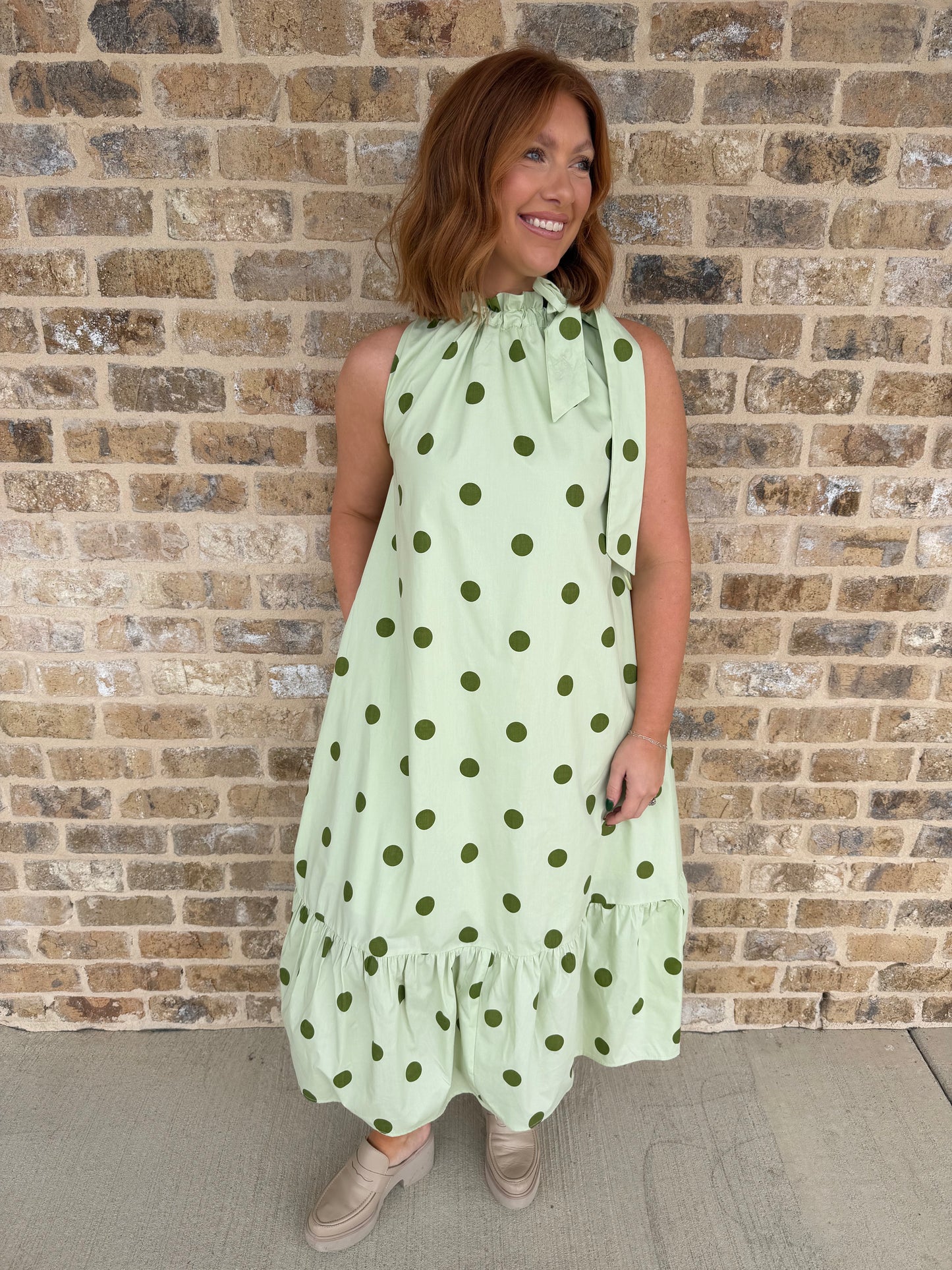GREEN POKA DOT SLEEVELESS MIDI