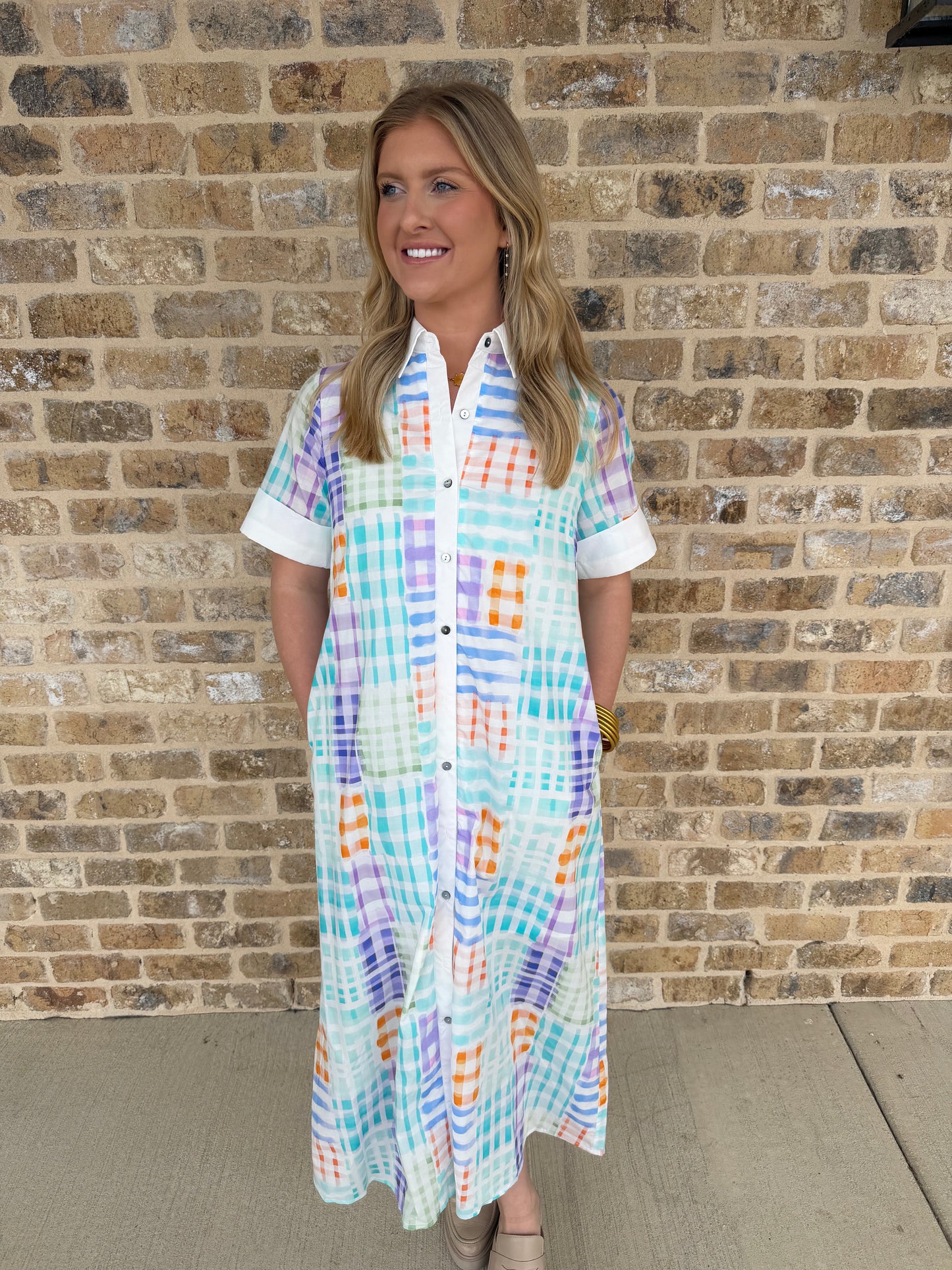 PLAID PRINT MIDI DRESS