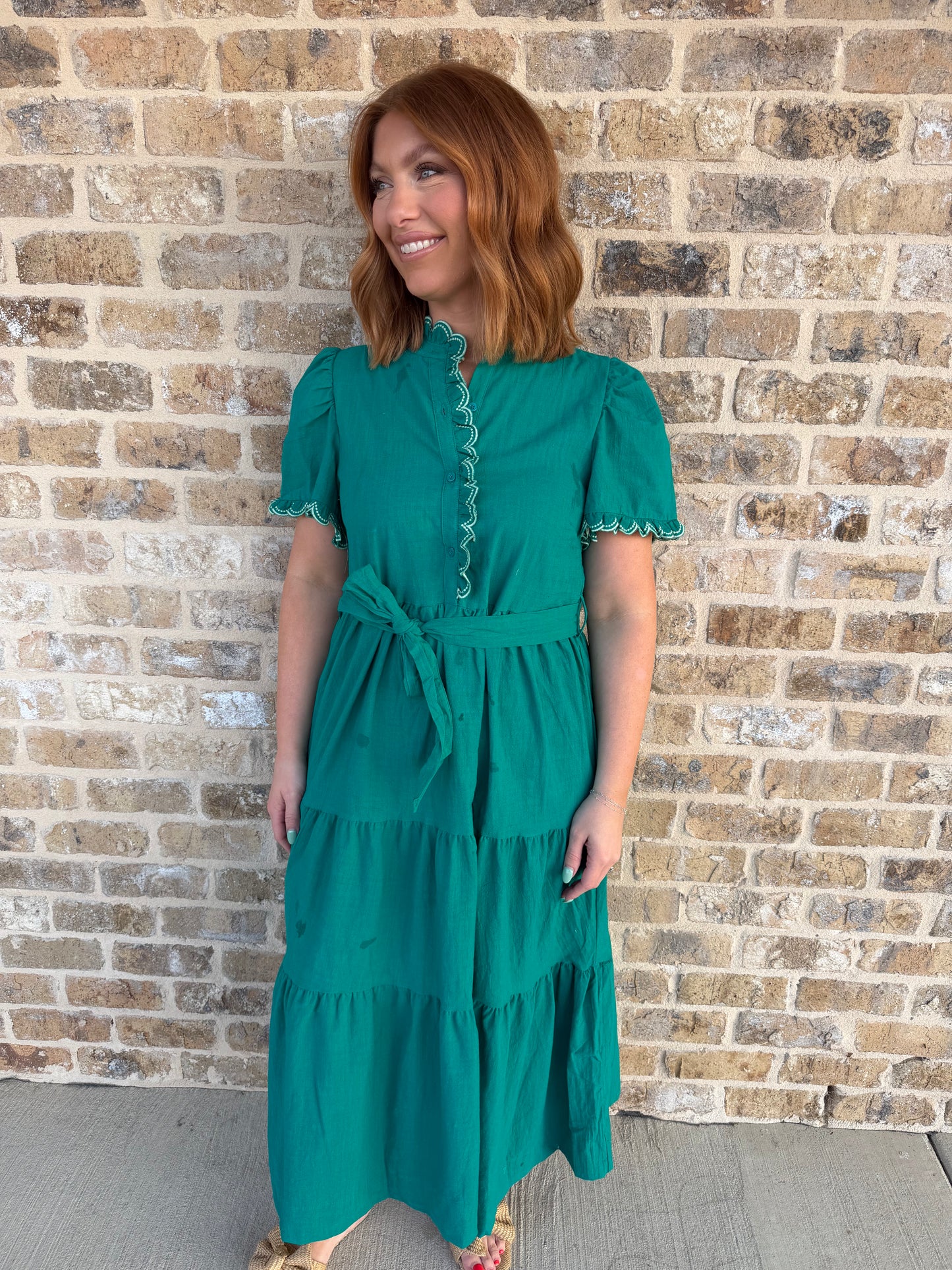 TEAL SCALLOPED RUFFLE MIDI DRESS WITH TIE