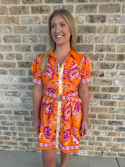 FLORAL PAISLEY BELTED DRESS