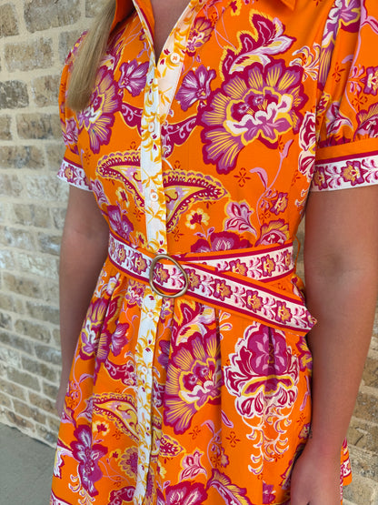 FLORAL PAISLEY BELTED DRESS