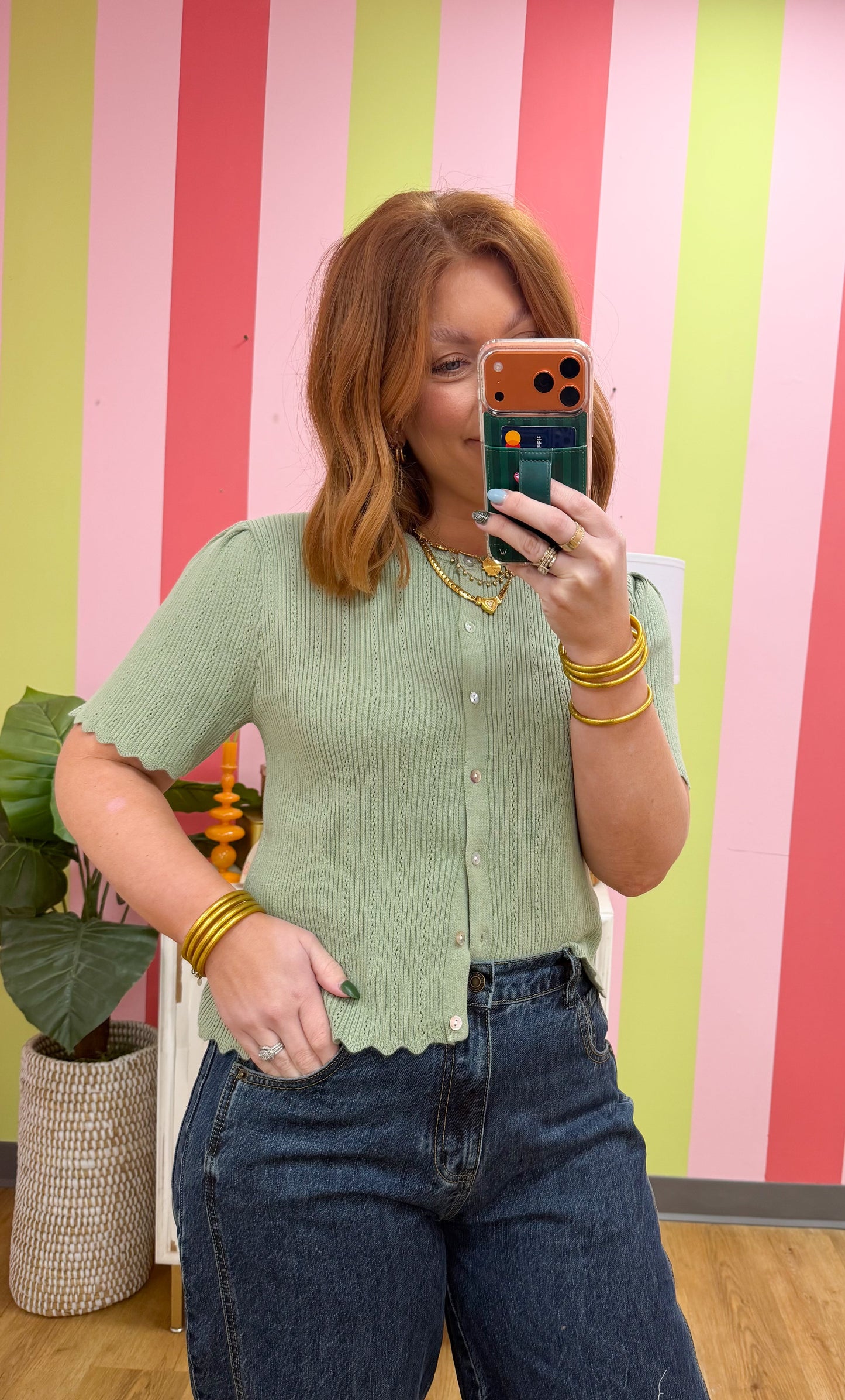 SCALLOPED POINTELLE SHORT SLEEVE CARDIGAN