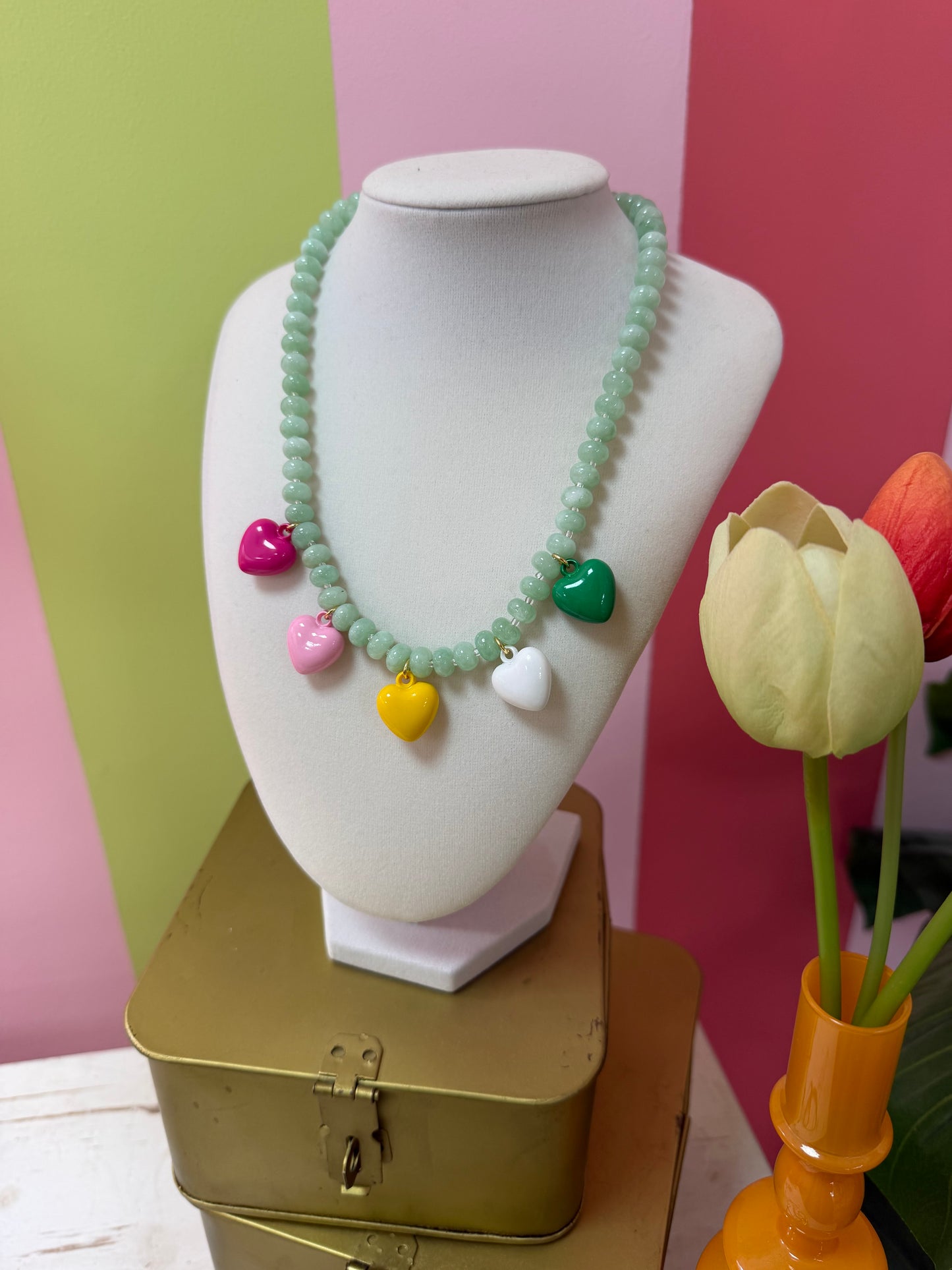 GREEN BEADED HEARTS NECKLACE