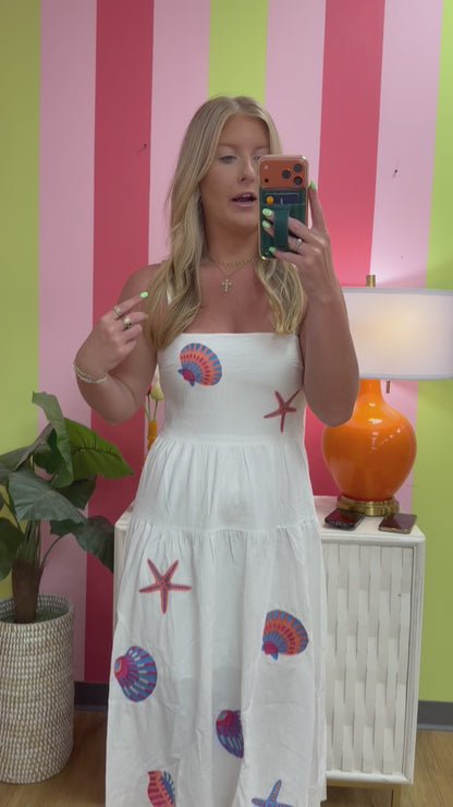 Shell Embroidered Applique Midi Dress