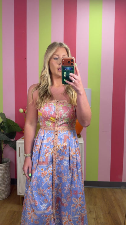 FLORAL BUTTON DOWN TAPE TRIM MIDI DRESS